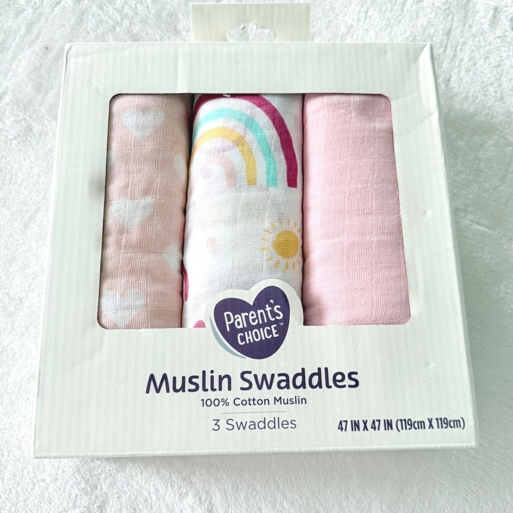 Parent's Choice Muslin Swaddles 3 Pack Pink Rainbow Hearts 47x47 100% Cotton NEW